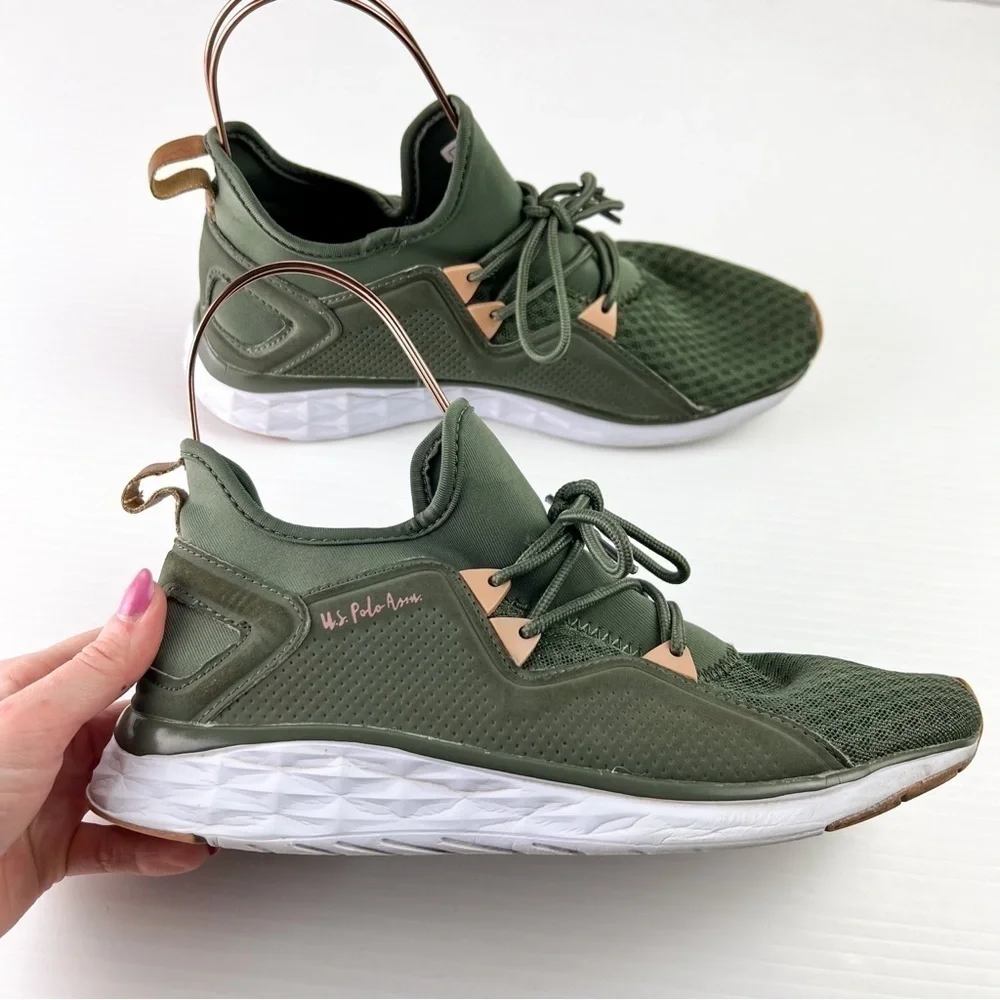 US Polo Assn Womens 7.5 Lace Up Lightweight Shoes Green White Athletic Trainers